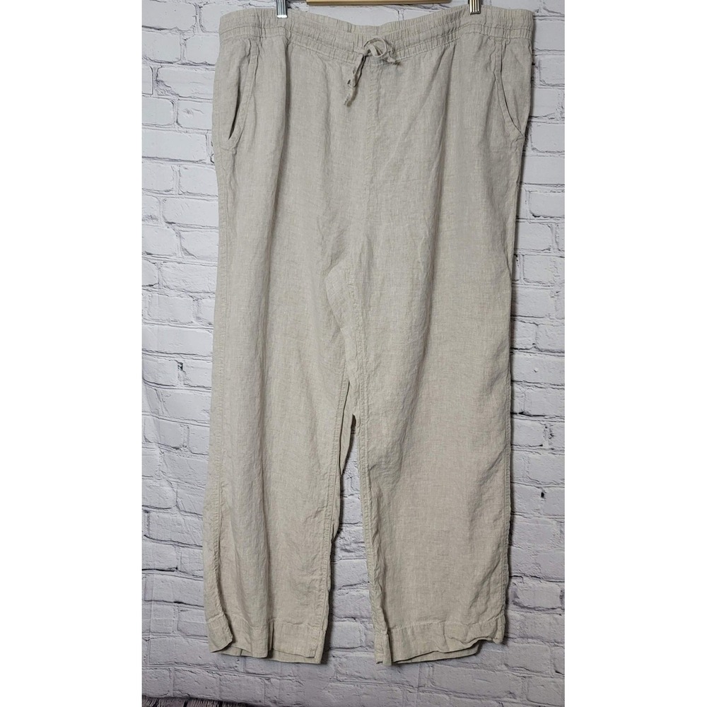 LL Bean Womens 22W Linen Pants Oatmeal Beige Elastic Drawstring Wide Leg‎ Travel